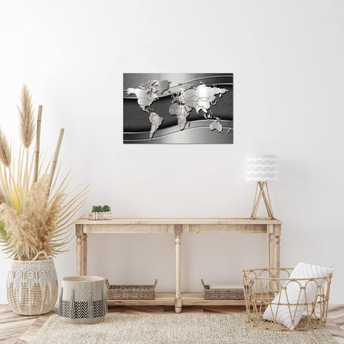 Runa Art Bild Weltkarte Modern Wandbilder Wohnzimmer Büro 1 Teilig - Made In Germany - Abstrakt Silber Schwarz Flur 107215a