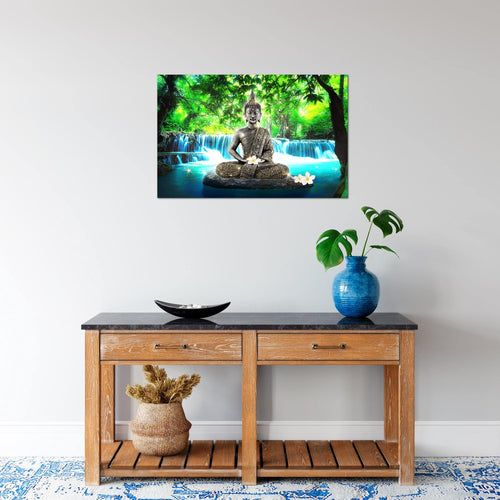 Runa Art Bild Buddha Wasserfall Modern Wandbilder Wohnzimmer Schlafzimmer 1 Teilig - Made In Germany - Natur Blau Grün Flur 503515b