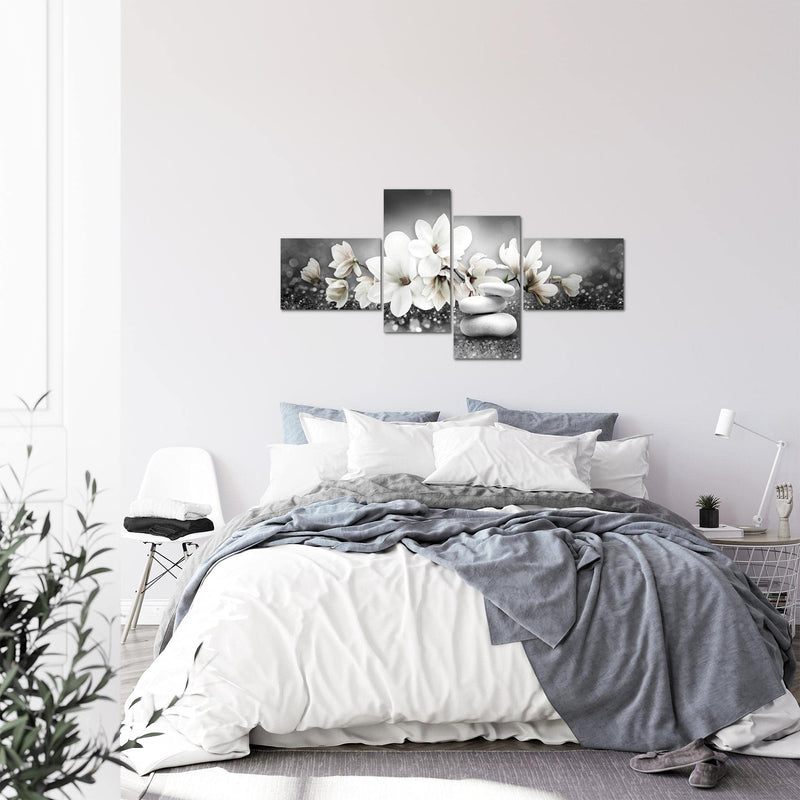 Runa Art Bild Modern Blumen Magnolien - Made in Germany - Wandbilder Abstrakt Schwarz Weiss 4 Teilig 035442c