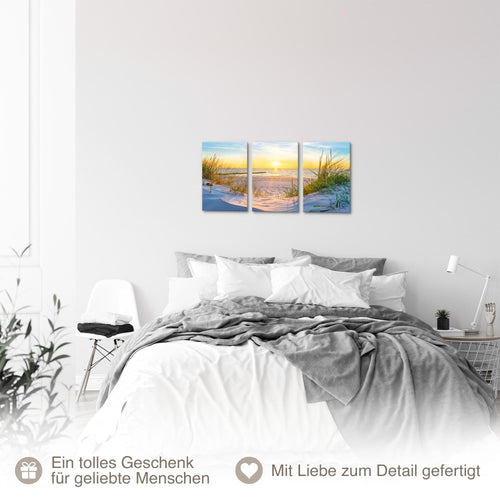 Novart Quadros Spiaggia Mare Boho - Completamente Pronto Da Appendere - Soggiorno Camera da letto Corridoio Decorazione Elegante - Set 3 Pezzi Blu Beige - N034730b