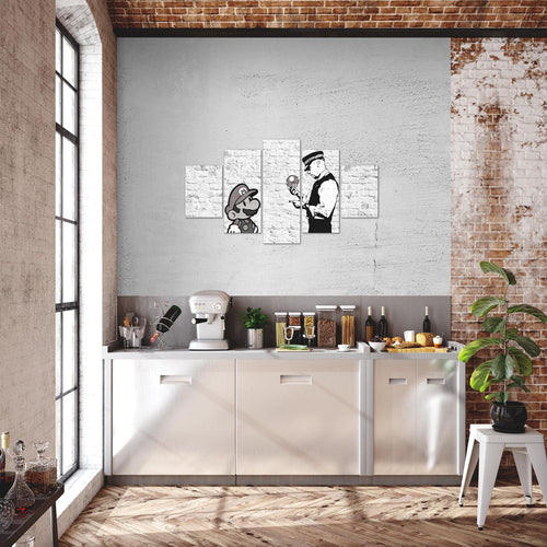 Runa Art Wandbilder Mario and Cop Banksy 5 Teilig Bild auf Vlies Leinwand Deko Jugendzimmer Wohnzimmer Art Schwarz Weiss 006552c