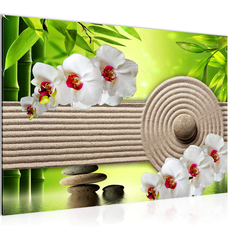 Runa Art Bild Feng Shui Orchidee Modern Wandbilder Wohnzimmer Schlafzimmer 1 Teilig - Made In Germany - Steine Spa Grün Beige Flur 501115b