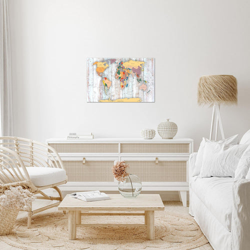 Runa Art Bild Weltkarte Holz Modern Wandbilder Wohnzimmer Büro 1 Teilig - Made In Germany - Landkarte Weiss Flur 108715b