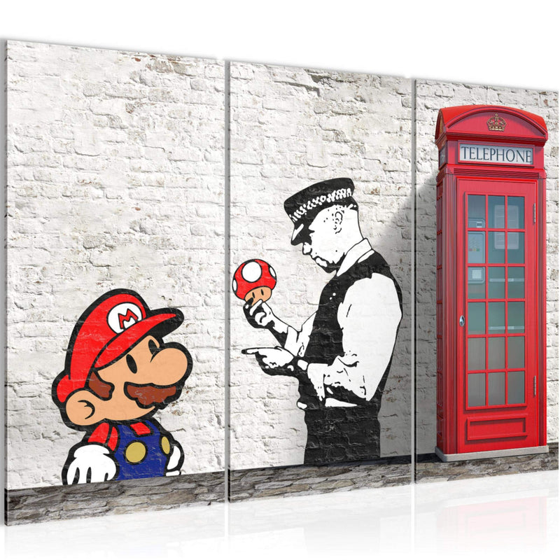 Runa Art Wandbilder Mario And Cop Bild XXL Jugendzimmer Wohnzimmer Grau Bunt Graffiti Street Art 120 x 80 cm 3 Teilig 032931c