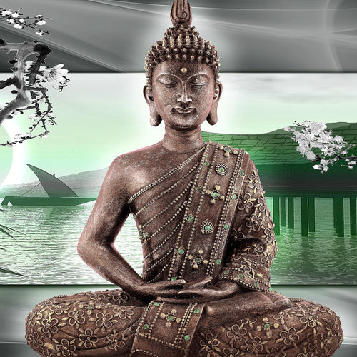 Runa Art Bild Buddha Feng Shui Modern Wandbilder Wohnzimmer Schlafzimmer 1 Teilig - Made In Germany - Kirschblüte Grün Grau Flur 503215b