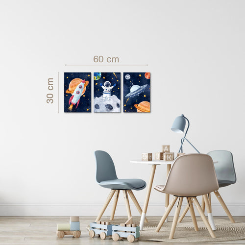 Novart Quadros In tutto il mondo Razzo - Completamente Pronto Da Appendere - Camera dei bambini Decorazione Elegante - Set 3 Pezzi Blu Colorati - N030030a