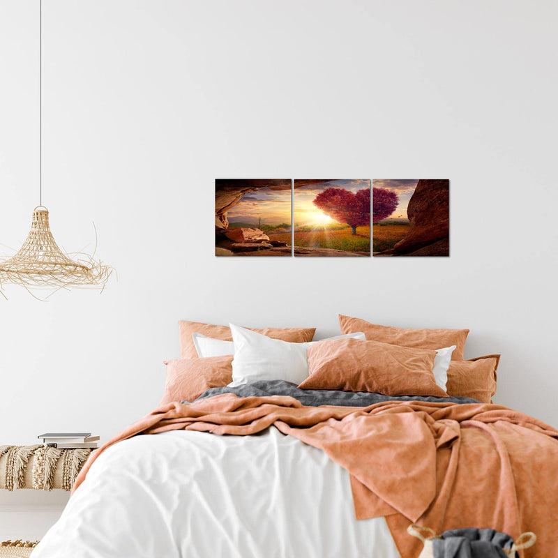 Runa Art Bilder Natur Gebirge 3 Teilig Bild auf Vlies Leinwand Deko Wohnzimmer Schlafzimmer 90 x 30 cm Baum Herz Beige Rosa 607634c