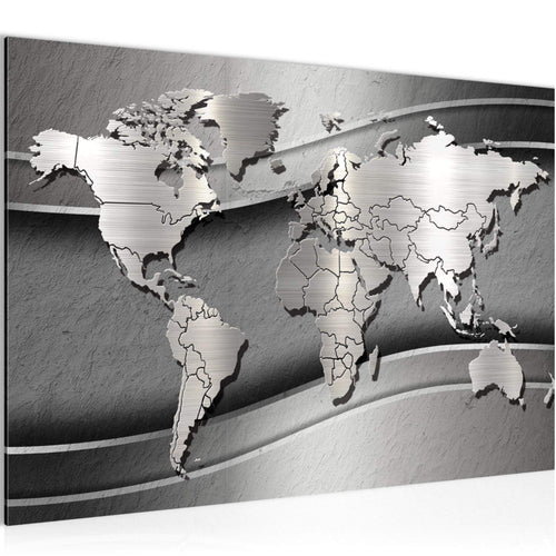 Runa Art Bild Weltkarte Modern Wandbilder Wohnzimmer Büro 1 Teilig - Made In Germany - Abstrakt Metall Silber Flur 107215b