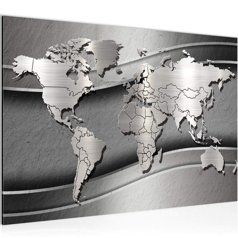 Runa Art Bild Weltkarte Modern Wandbilder Wohnzimmer Büro 1 Teilig - Made In Germany - Abstrakt Metall Silber Flur 107215b