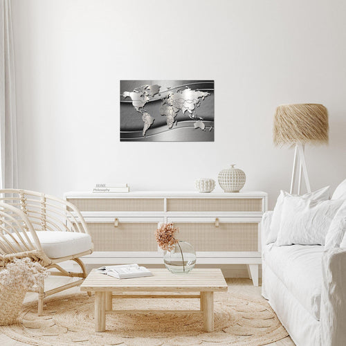 Runa Art Bild Weltkarte Modern Wandbilder Wohnzimmer Büro 1 Teilig - Made In Germany - Abstrakt Metall Silber Flur 107215b