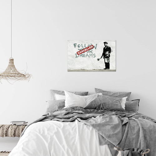 Runa Art Bild Banksy Follow your Dreams Modern Wandbilder Loft Wohnzimmer 1 Teilig - Made In Germany - Street Art Grau Flur 301915a