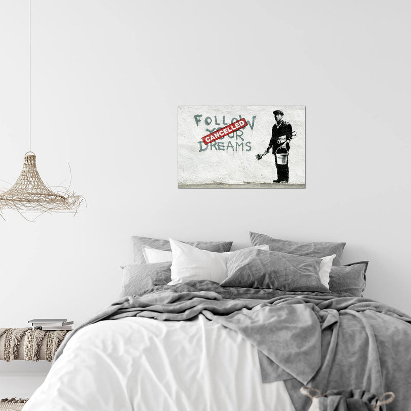 Runa Art Bild Banksy Follow your Dreams Modern Wandbilder Loft Wohnzimmer 1 Teilig - Made In Germany - Street Art Grau Flur 301915a