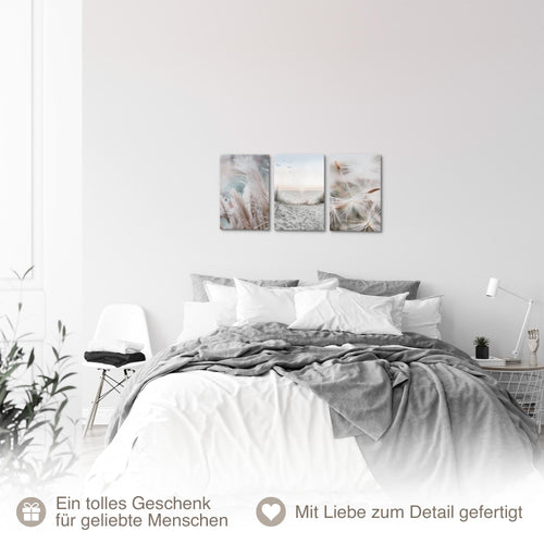 Novart Quadros Spiaggia Mare Boho - Completamente Pronto Da Appendere - Soggiorno Camera da letto Corridoio Decorazione Elegante - Set 3 Pezzi Blu Beige - N033830a
