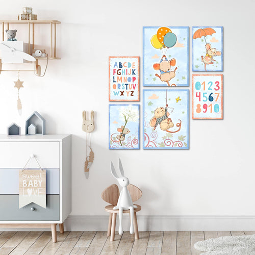 Novart Wandbilder Set Tiere Maus - KEIN EXTRA RAHMEN BENÖTIGT -  Modern Deko  - Kinderzimmer Mädchen Junge N017763a