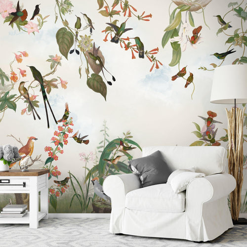 Novart Fototapete Blumen 396 x 280 cm Wandtapete Blumenwiese Vögel Wohnzimmer Schlafzimmer - N9124012a