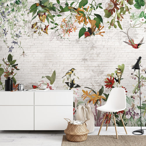 Novart Fototapeten 396 x 280 cm Blumen Vögel - Vlies Wanddekoration Wohnzimmer Schlafzimmer - Deutsche Manufaktur - Blätter Pflanze N9125012a
