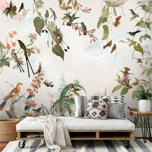 Novart Fototapete Blumen 396 x 280 cm Wandtapete Blumenwiese Vögel Wohnzimmer Schlafzimmer - N9124012a