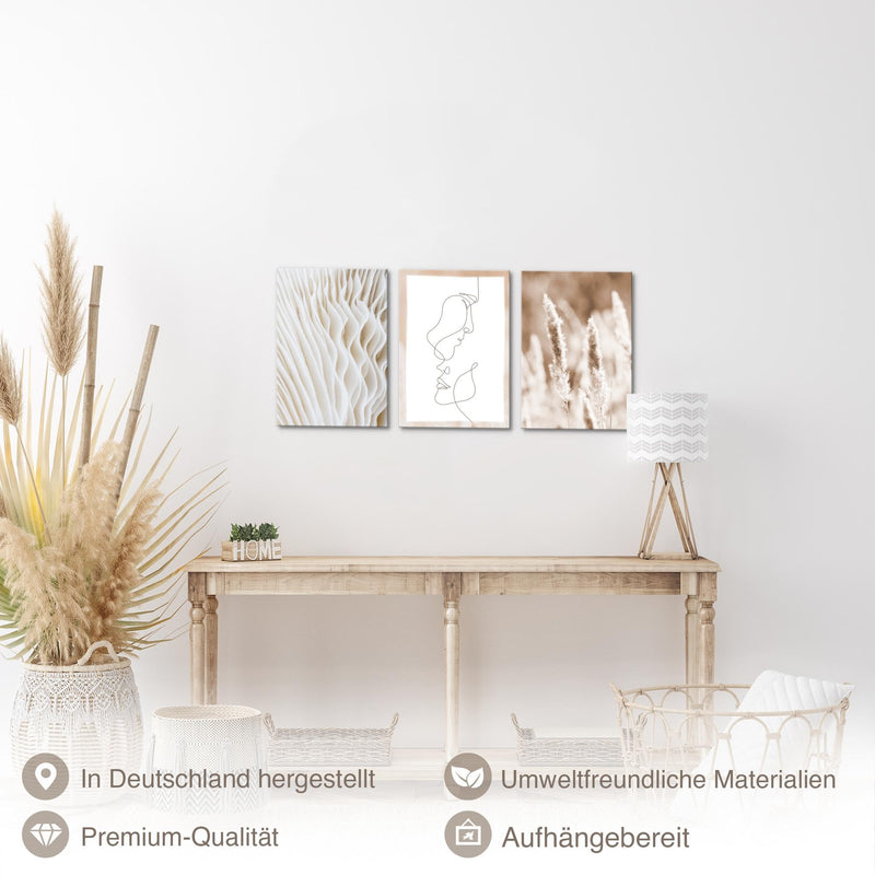 Novart Quadros Boho Fiori - Completamente Pronto Da Appendere - Soggiorno Camera da letto Corridoio Decorazione Elegante - Set 3 Pezzi Beige - N035030a
