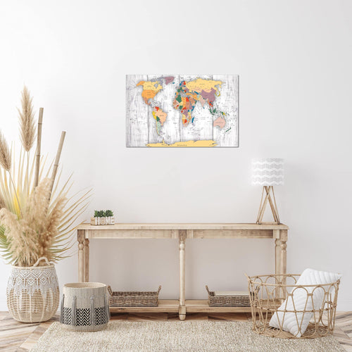 Runa Art Bild Weltkarte Holz Modern Wandbilder Wohnzimmer Büro 1 Teilig - Made In Germany - Kontinente Weiss Flur 108715c