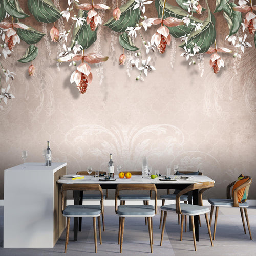 Novart Fototapeten 396 x 280 cm Blumen Blätter - Vlies Wanddekoration Wohnzimmer Schlafzimmer - Deutsche Manufaktur - grau N9122012a