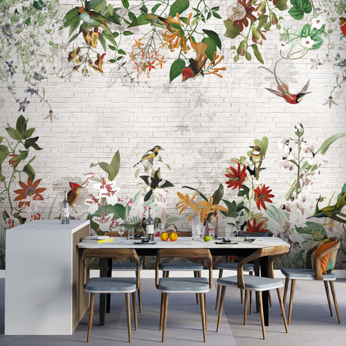 Novart Fototapeten 396 x 280 cm Blumen Vögel - Vlies Wanddekoration Wohnzimmer Schlafzimmer - Deutsche Manufaktur - Blätter Pflanze N9125012a