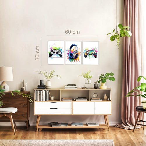 Novart Quadros Console di gioco Giocatore - Completamente Pronto Da Appendere - Sala giochi Ragazzi Adolescente Decorazione Elegante - Set 3 Pezzi Bianco - N038730a