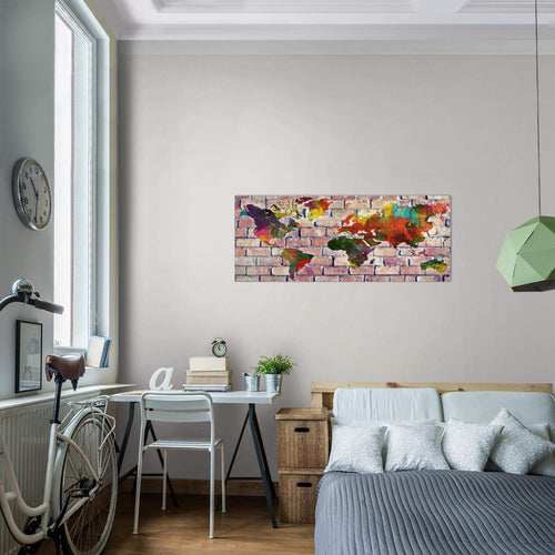 Runa Art Wandbild Weltkarte 1 Teilig 100 x 40 cm Modern Bild auf Vlies Leinwand Ziegelwand Büro Wohnzimmer Rot Bunt 106912c