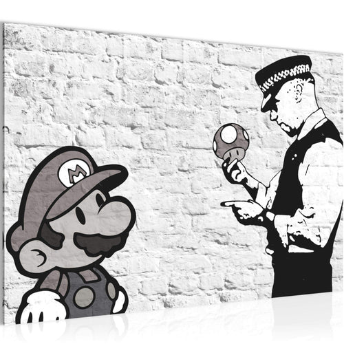 Runa Art Bild Mario and Cop Banksy Modern Wandbilder Jugendzimmer Wohnzimmer 1 Teilig - Made In Germany - Art Schwarz Weiss Flur 006515c