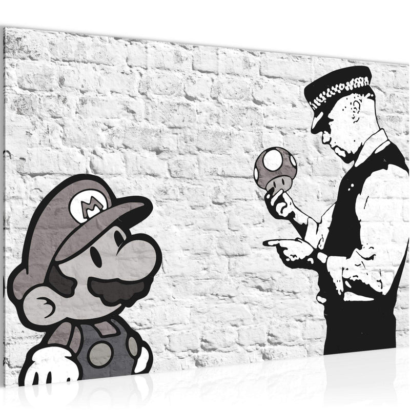 Runa Art Bild Mario and Cop Banksy Modern Wandbilder Jugendzimmer Wohnzimmer 1 Teilig - Made In Germany - Art Schwarz Weiss Flur 006515c