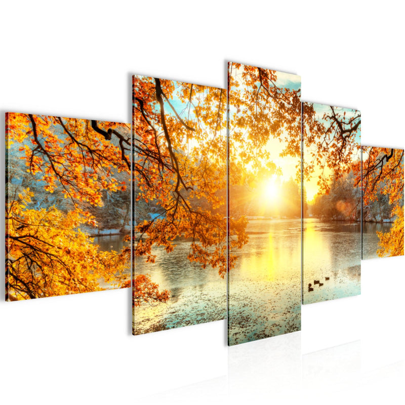 Runa Art Bild Wohnzimmer Schlafzimmer Sonniger Wald 5 Teilig Wald Natur Orange Gelb Wandbilder auf Vlies Leinwand 050053a