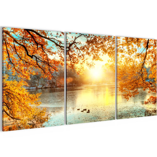 Runa Art Wandbilder Sonniger Wald Bild XXL Wohnzimmer Schlafzimmer Orange Gelb Wald Natur 120 x 80 cm 3 Teilig 050031a