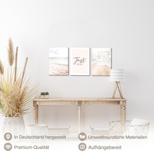 Novart Quadros Spiaggia Mare - Completamente Pronto Da Appendere - Soggiorno Camera da letto Corridoio Decorazione Elegante - Set 3 Pezzi Boho beige - N038130a