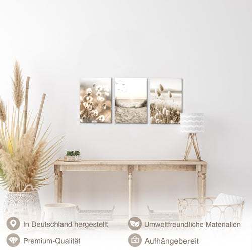 Novart Quadros Boho Erba della pampa - Completamente Pronto Da Appendere - Soggiorno Camera da letto Corridoio Decorazione Elegante - Set 3 Pezzi Beige - N035330a