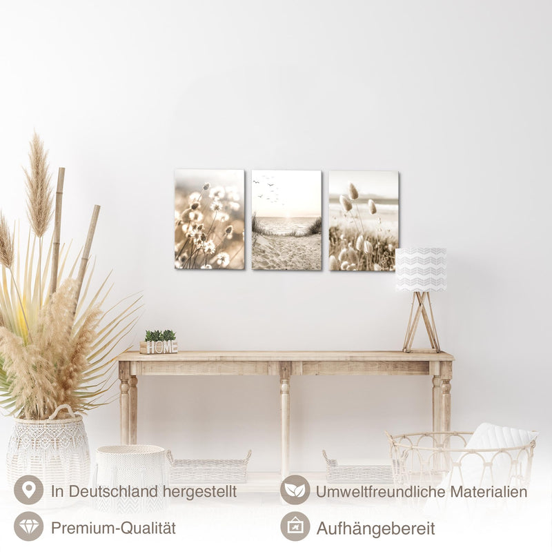 Novart Quadros Boho Erba della pampa - Completamente Pronto Da Appendere - Soggiorno Camera da letto Corridoio Decorazione Elegante - Set 3 Pezzi Beige - N035330a