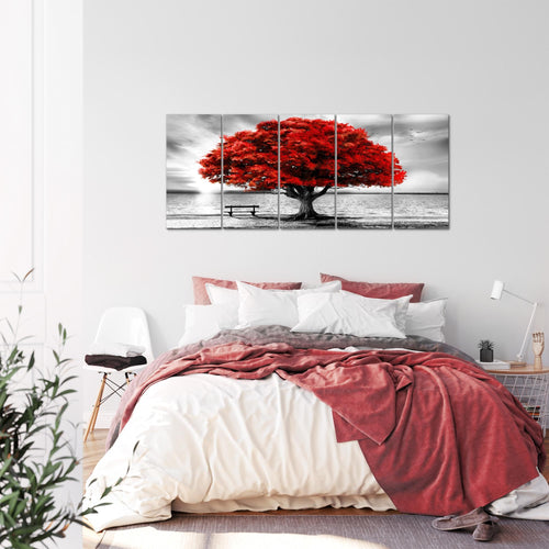 Runa Art Wandbilder XXL Strand Sonnenuntergang Wohnzimmer Schlafzimmer 200 x 80 cm Grau Rot 5 Teilig - Made in Germany - 050655a
