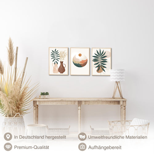 Novart Quadros Boho Stile Piante - Completamente Pronto Da Appendere - Soggiorno Camera da letto Corridoio Decorazione Elegante - Set 3 Pezzi Beige Verde - N036330a