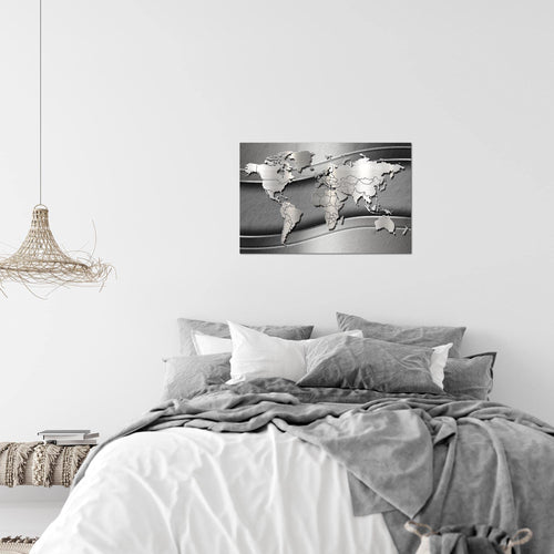 Runa Art Bild Weltkarte Modern Wandbilder Wohnzimmer Büro 1 Teilig - Made In Germany - Abstrakt Metall Silber Flur 107215b