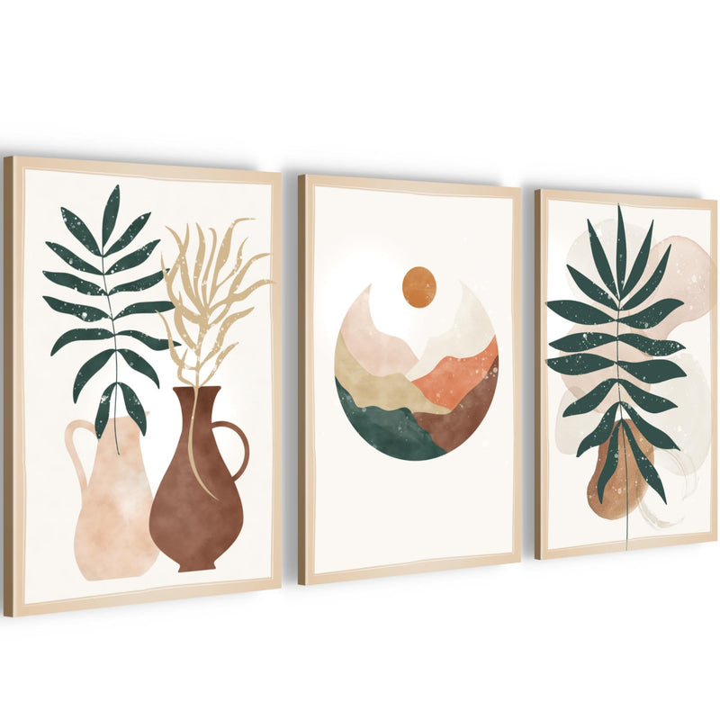 Novart Quadros Boho Stile Piante - Completamente Pronto Da Appendere - Soggiorno Camera da letto Corridoio Decorazione Elegante - Set 3 Pezzi Beige Verde - N036330a