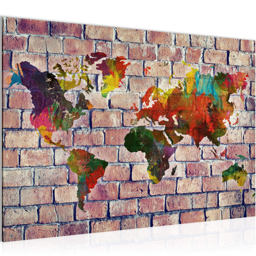 Runa Art Bild Weltkarte Modern Wandbilder Wohnzimmer Büro 1 Teilig - Made In Germany - Ziegelwand Rot Bunt Flur 106915c