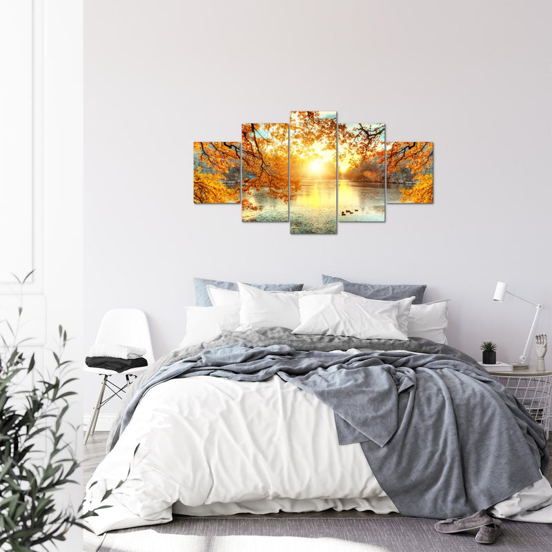 Runa Art - Bilder Sonniger Wald 200 x 100 cm 5 Teilig XXL Wanddekoration Design Orange Gelb Wald Natur 050051a