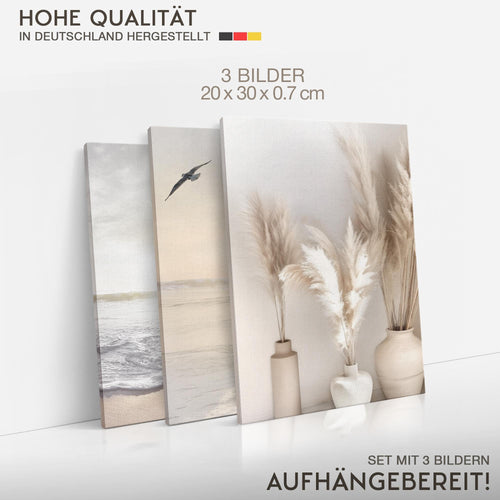 Novart Quadros Spiaggia Mare Boho - Completamente Pronto Da Appendere - Soggiorno Camera da letto Corridoio Decorazione Elegante - Set 3 Pezzi Beige - N029430a