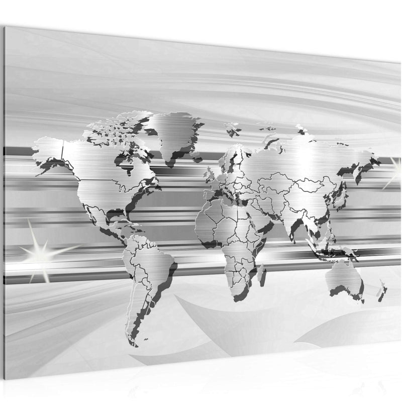Runa Art Bild Weltkarte Modern Wandbilder Wohnzimmer Büro 1 Teilig - Made In Germany - Abstrakt Silber Grau Flur 107915c