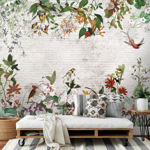 Novart Fototapeten 396 x 280 cm Blumen Vögel - Vlies Wanddekoration Wohnzimmer Schlafzimmer - Deutsche Manufaktur - Blätter Pflanze N9125012a