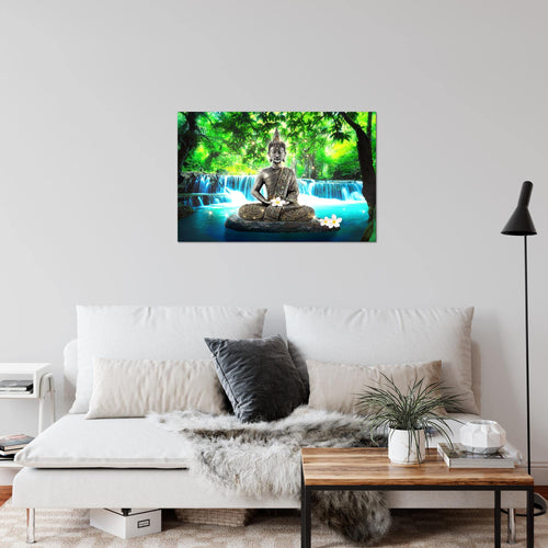 Runa Art Bild Buddha Wasserfall Modern Wandbilder Wohnzimmer Schlafzimmer 1 Teilig - Made In Germany - Natur Blau Grün Flur 503515b