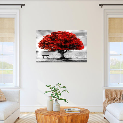 Runa Art Wandbilder Strand Sonnenuntergang Bild XXL Wohnzimmer Schlafzimmer Grau Rot Strand Baum 120 x 80 cm 3 Teilig 050631a