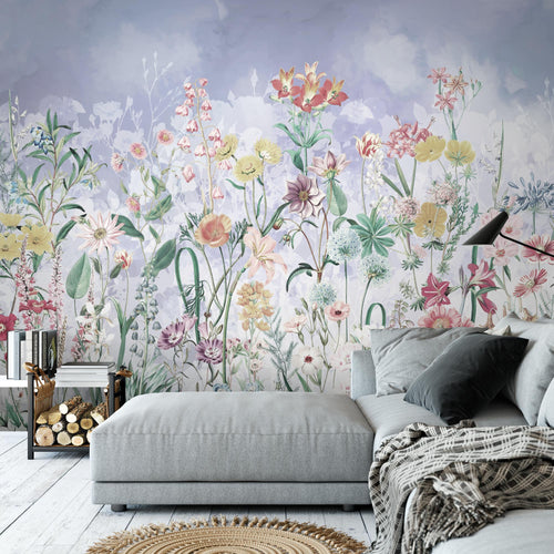 Novart Fototapete Blumen 396 x 280 cm Wandtapete Blumenwiese Blau Wohnzimmer Schlafzimmer - N9130012a