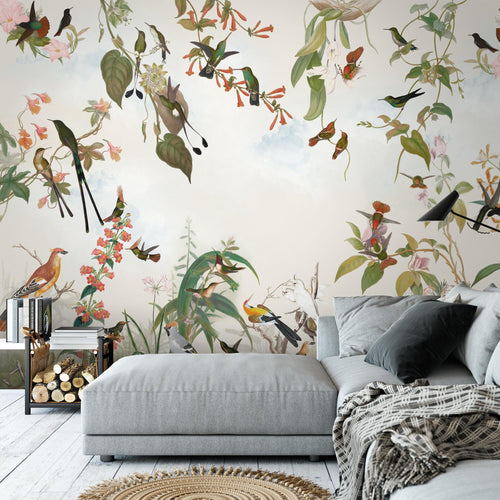Novart Fototapete Blumen 396 x 280 cm Wandtapete Blumenwiese Vögel Wohnzimmer Schlafzimmer - N9124012a