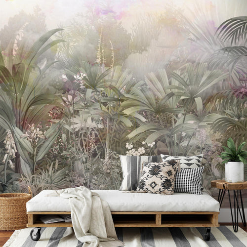 Novart Fototapete Dschungel 396 x 280 cm Wandtapete Blätter Blumen Grün Grau Wohnzimmer Schlafzimmer - N9123012a
