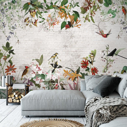 Novart Fototapeten 396 x 280 cm Blumen Vögel - Vlies Wanddekoration Wohnzimmer Schlafzimmer - Deutsche Manufaktur - Blätter Pflanze N9125012a