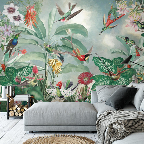 Novart Fototapete Blumen 396 x 280 cm Wandtapete Blumenwiese Vögel Wohnzimmer Schlafzimmer - N9127012a